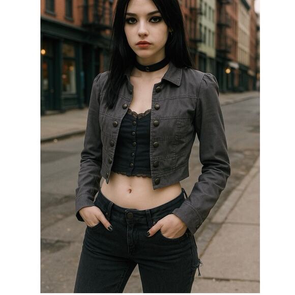 Y2K XXI Military Style Cropped Jacket L Metallic Gray Button Front Grunge Blazer - Picture 12 of 12